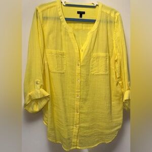 Talbots Yellow Crepe Cotton Sheer Roll Tab Button Down Blouse Large